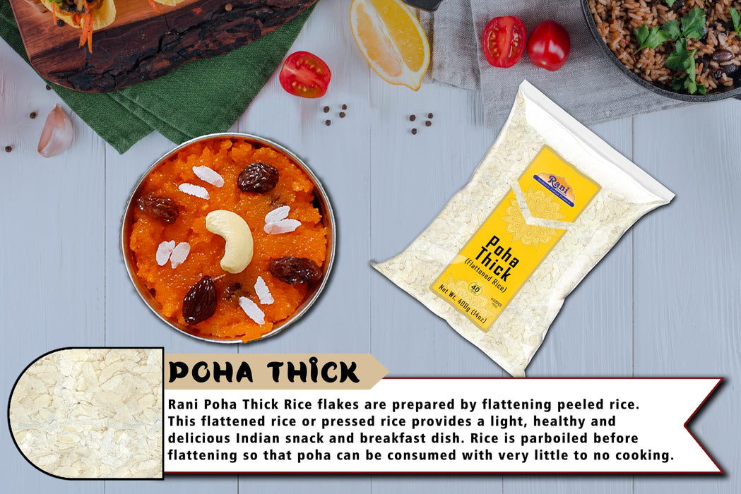 Rani Poha (Powa) Thick Medium-Cut (Flattened Rice) 14oz (400g) ~ All Natural, Salt-Free | Vegan | Kosher | No Colors | Gluten Friendly | Indian Origin