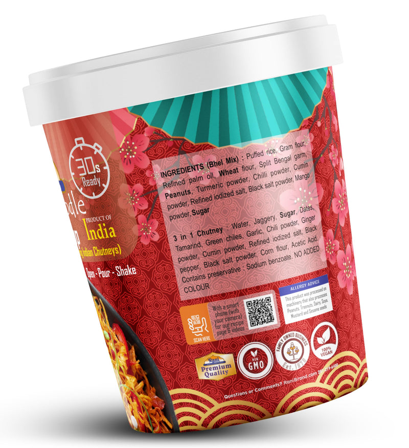 Rani Chinese Noodle Bhel Puri Cup (Spicy & Crunchy Indian Snack w/mouth watering Indian Chutneys) 3.5oz (100g), Pack of 4 ~ Ready to Eat | Vegan | NON-GMO | Indian Origin