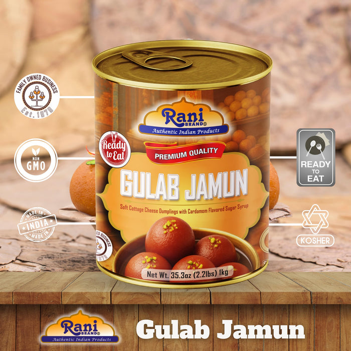 Rani Gulab Jamun Round (w/ Cardamom Flavored Sugar Syrup) 35.3oz (2.2lbs) 1kg Pack of 18, Approximately 14 pieces, Easy Open Lid ~ Ready to eat | Non-GMO | Kosher | Indian Origin