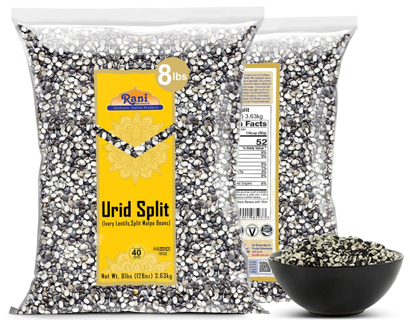 Rani Urid/Urad Split Chilka (Split Matpe Beans with Skin) Indian Lentils 128oz (8lbs) 3.63kg Bulk ~ All Natural | Gluten Friendly | NON-GMO | Kosher | Vegan | Indian Origin