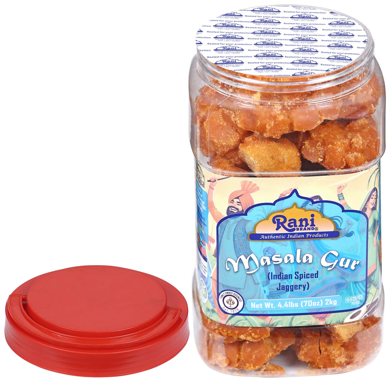 Rani Masala Gur (Jaggery) Indian Unrefined Raw Cane Sugar 70oz (4.4lbs) 2kg PET Jar ~ Gluten Friendly | Vegan | NON-GMO | Kosher | No Salt or fillers | Indian Product