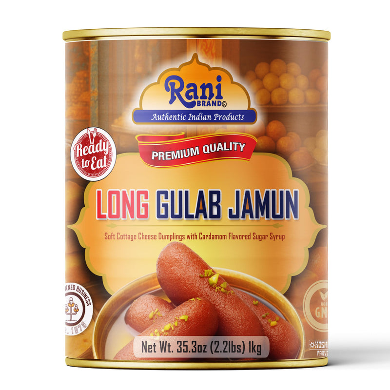 Rani Gulab Jamun Long (w/ Cardamom Flavored Sugar Syrup) 35.3oz (2.2lbs) 1kg, Pack of 6, Approximately 14 pieces, Easy Open Lid ~ Ready to eat | Vegan | Non-GMO | Kosher | Indian Origin
