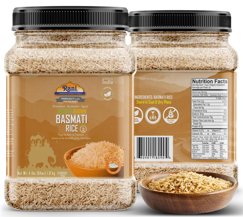 Rani Brown Basmati Rice Extra Long Aged 64oz (4lbs) 1.81kg PET Jar ~ All Natural | Gluten Friendly | Vegan | Indian Origin | Kosher | Export Quality