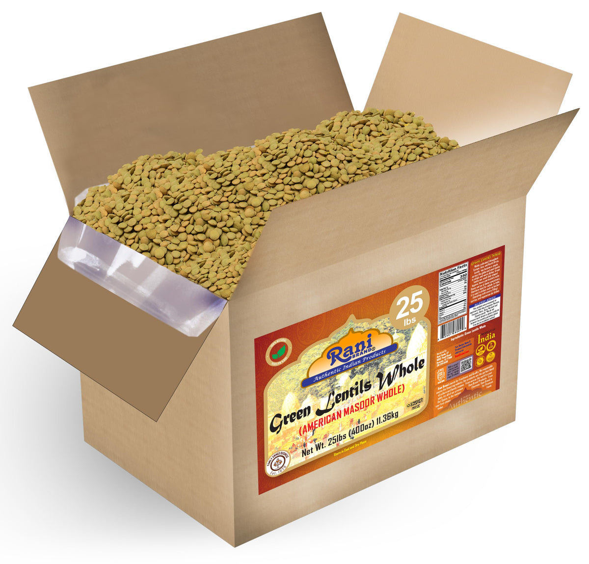 Rani Green Lentils Whole 400oz (25lbs) 11.36kg Bulk Box ~ All