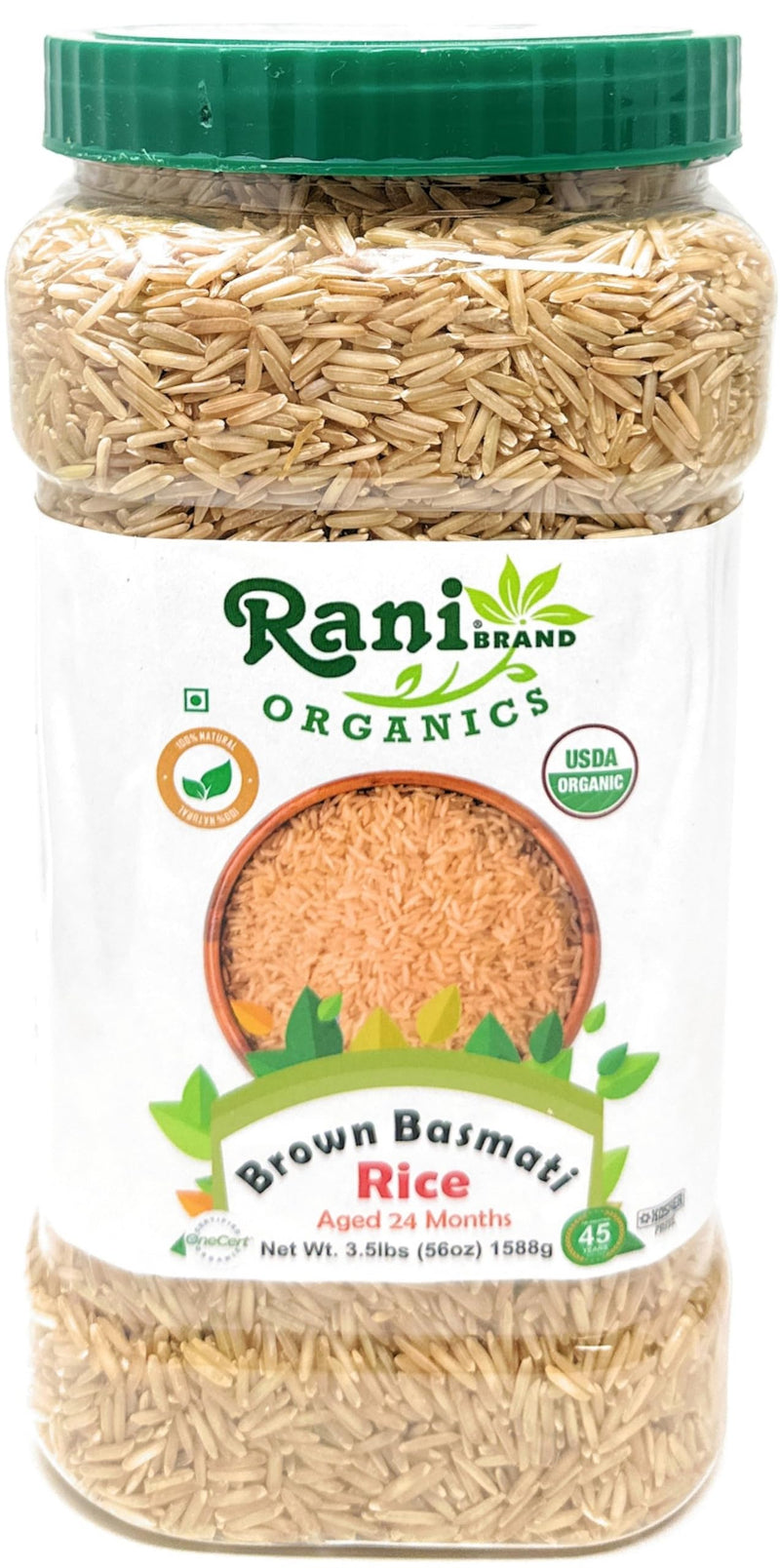 Rani Brown Basmati Rice Extra Long Aged 56oz (3.5lbs) 1.59kg PET Jar ~ All Natural | Gluten Friendly | Vegan | Indian Origin | Kosher | Export Quality | USDA Certified Organic