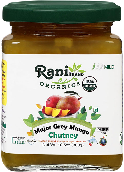 Rani Organic Major Grey Mango Chutney (Indian Preserve) 10.5oz (300g) Glass Jar, Ready to eat ~ All Natural | Vegan | Gluten Free | No Colors | NON-GMO | Kosher | Indian Origin | USDA Certified Organic