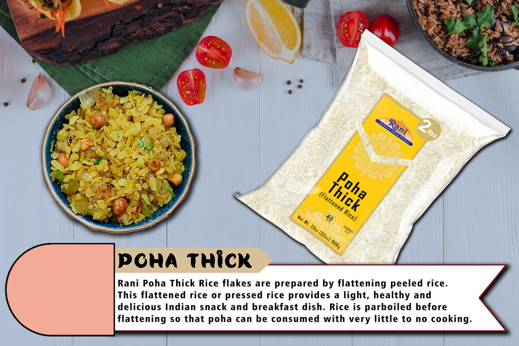 Rani Poha (Powa) Thick Medium-Cut (Flattened Rice) 32oz (2lbs) 908g ~ All Natural, Salt-Free | Vegan | Kosher | No Colors | Gluten Friendly | Indian Origin