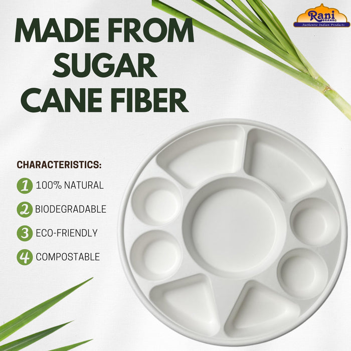 Rani Round Biodegradable Divided Plates, Pack of 100, 9 Compartments ~ Disposable & Eco-Friendly | 12.44" Diameter, 1.38" Thickness | Heavy-Duty and Sturdy Disposable Bagasse Plates | Premium Quality