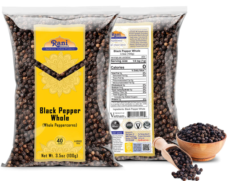 Rani Black Pepper Whole (Peppercorns), Premium Bold Tellicherry Quality 3.5oz (100g) ~ All Natural | Gluten Friendly | Non-GMO | Kosher | Product of Vietnam | Perfect size for Grinders!