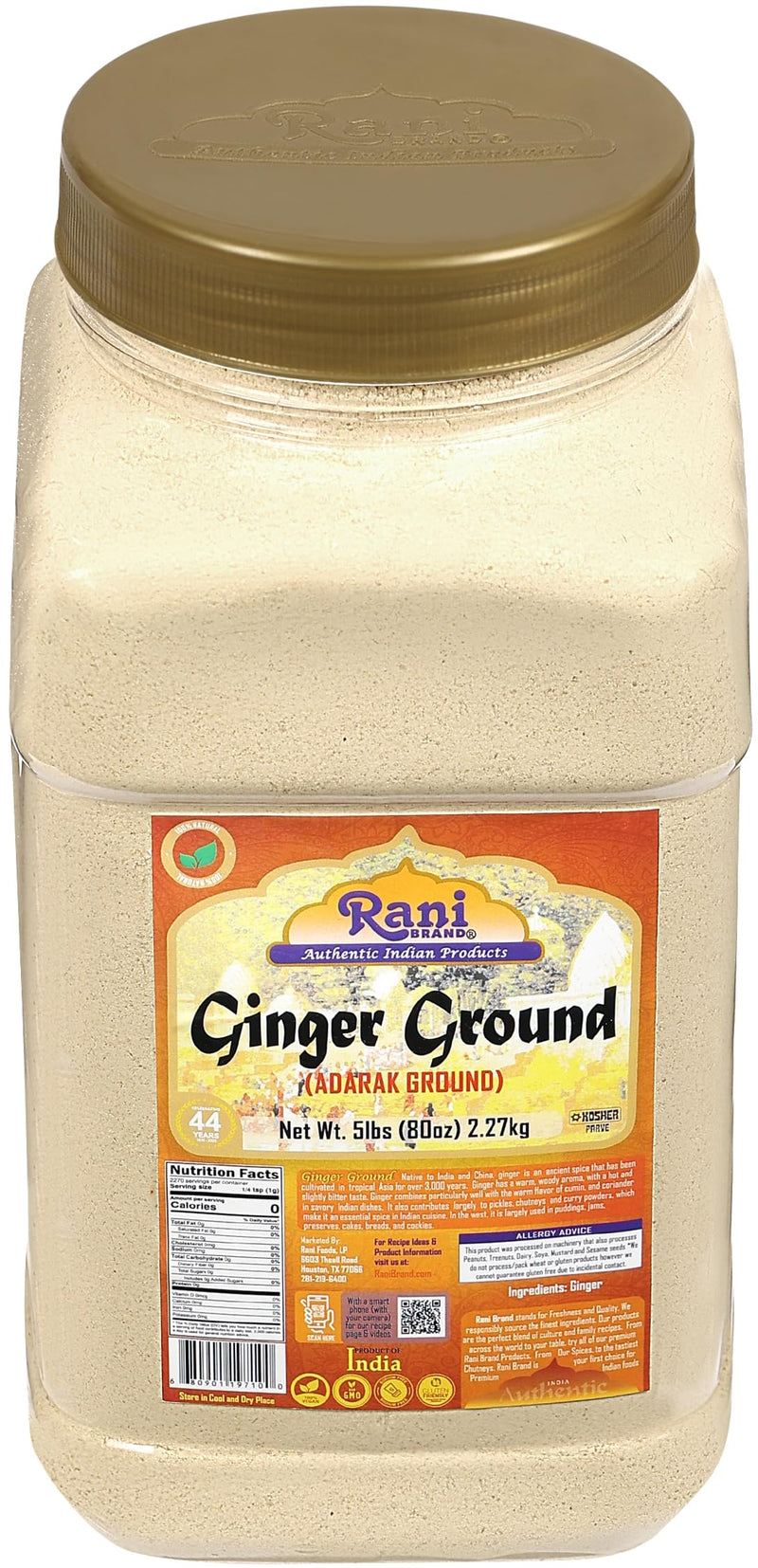 Rani Ginger (Adarak) Powder Ground, Spice 5lbs (80oz) Bulk PET Jar ~ Natural | Vegan | Gluten Friendly | NON-GMO | Kosher | Indian Origin