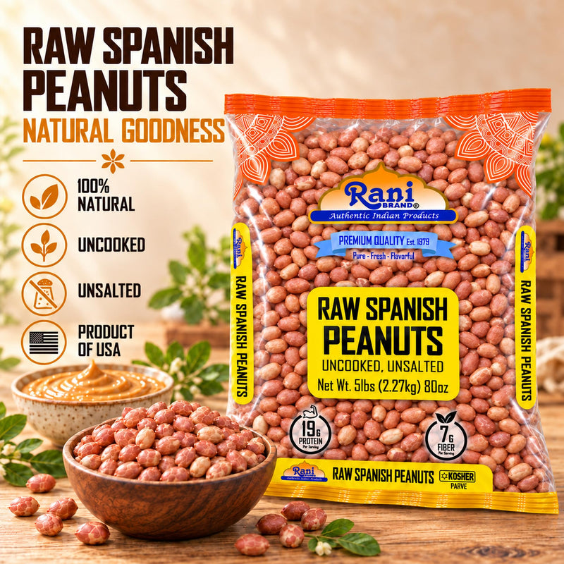 Rani Raw Spanish Peanuts 100% Natural with Skin (uncooked, unsalted) 80oz (5lbs) 2.27kg Bulk ~ Vegan | Gluten Friendly | Fresh Product of USA | Kosher | Red-brown Skin