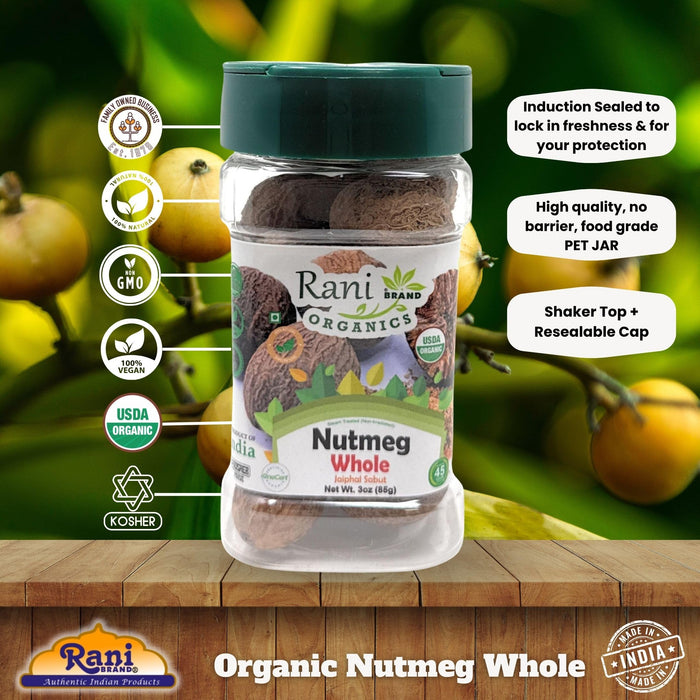 Rani Organic Nutmeg (Jaiphul) Whole Spice, 17-19 Pieces, 3oz (85g) PET Jar ~ All Natural | Vegan | Gluten Friendly | NON-GMO | Kosher | Indian Origin | USDA Certified Organic