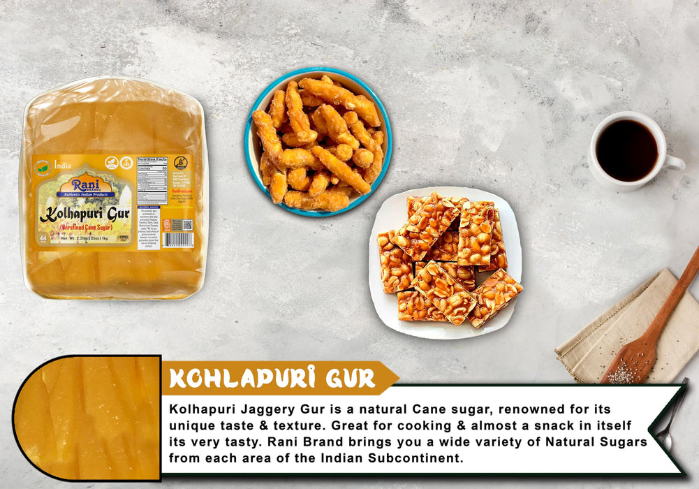 Rani Kolhapuri Gur (Jaggery) 1kg (2.2lbs) ~ Indian Unrefined Raw Cane Sugar, No Color added, Gluten Friendly | Vegan | NON-GMO | Kosher | No Salt or fillers