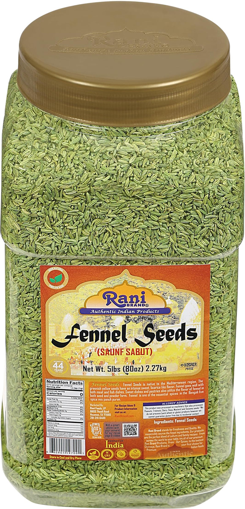 Rani Fennel (Saunf) Seeds Whole, Indian Spice 80oz (5lbs) 2.27kg Bulk PET Jar ~ All Natural | Gluten Friendly | NON-GMO | Vegan | Kosher | Indian Origin