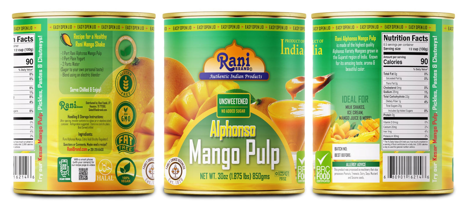 Rani Mango Pulp Puree (Makes Mango Lassi Shakes) Alphonso Unsweetened 30oz (1.875lbs) 850g Pack of 6 ~ Kosher | All Natural | NON-GMO | Vegan | No colors | Gluten Friendly | Indian Origin