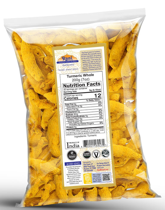 Rani Turmeric (Haldi) Root Whole Spice ~ Dried 7oz (200g) ~ All Natural | 100% Pure | Vegan | Gluten Friendly | NON-GMO | Kosher | Indian Origin