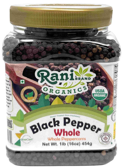 Rani Organic Black Pepper Whole (Peppercorns), Premium MG-1 Grade 16oz (1lb) 454g PET Jar ~ All Natural | Gluten Friendly | Non-GMO | USDA Certified Organic | Kosher | Product of Vietnam