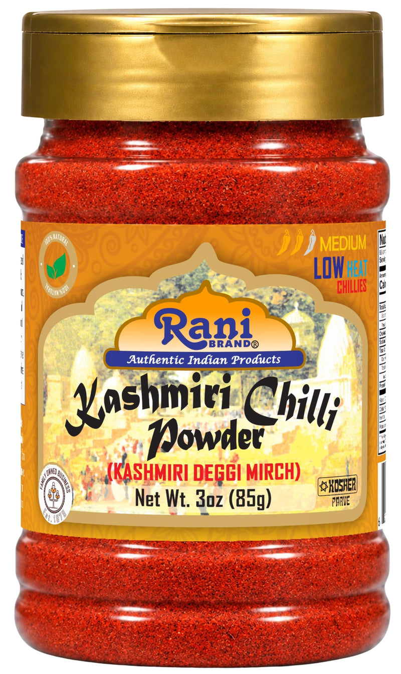 Rani Kashmiri Chili Powder (Deggi Mirch) 3 oz (85 g) Jar - Mild, Low Heat, Rich Red Color for Tandoori, Curry & Deviled Eggs | All Natural, Salt-Free, Vegan, Kosher