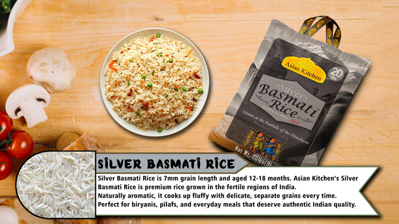 Asian Kitchen Silver White Basmati Rice Aged, 20 Pound (20lbs, 9.08kg) ~ All Natural | Gluten Friendly | Vegan | Indian Origin | Export Quality