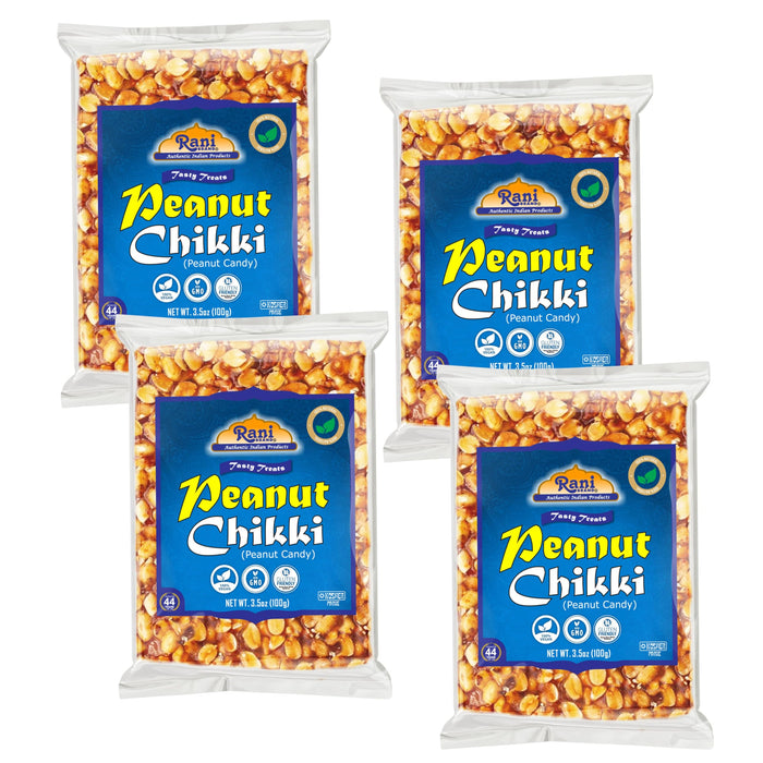 Rani Peanut Chikki (Brittle Candy) 100g (3.5oz) x Pack of 4 ~ All Natural | Vegan | Kosher | No colors | Gluten Friendly | Indian Origin