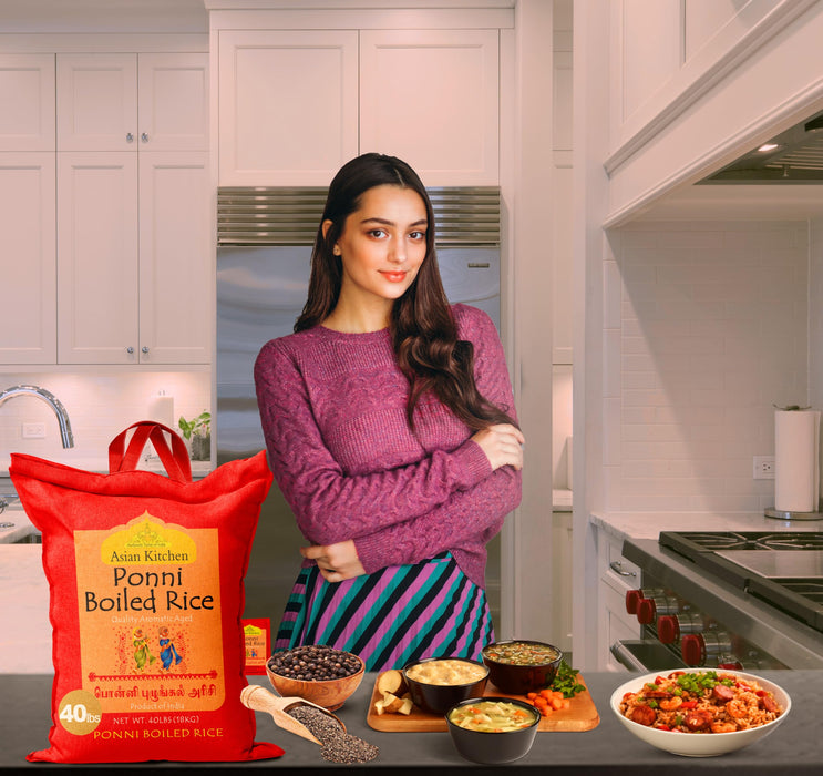 Asian Kitchen Ponni Boiled Rice 40-Pound Bag, 40lbs (18.14kg) Short Grain Rice ~ All Natural | Gluten Friendly | Vegan | Indian Origin | Export Quality