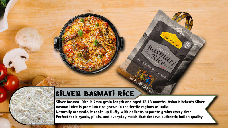 Asian Kitchen Silver White Basmati Rice Aged, 10 Pound (10lbs, 4.54kg) ~ All Natural | Gluten Friendly | Vegan | Indian Origin | Export Quality