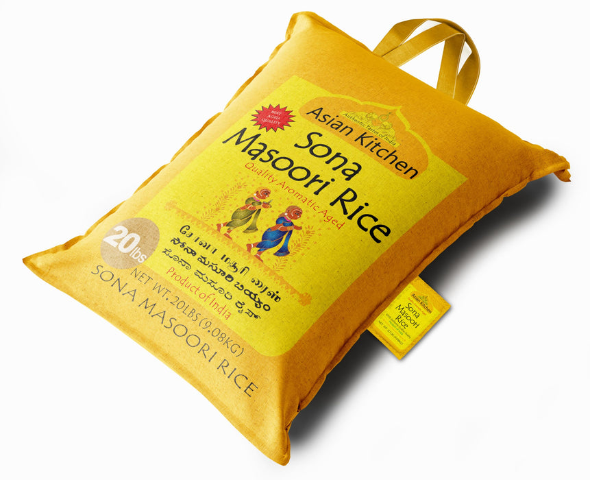 Asian Kitchen White Sona Masoori Aged Rice 20lbs (9.08kg) Short Grain Rice ~ All Natural | Gluten Friendly | Vegan | Indian Origin | Export Quality