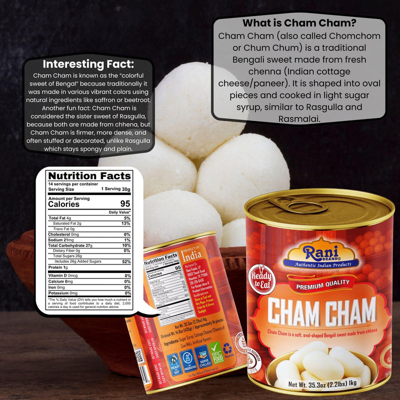 Rani Cham Cham (Oval-shaped Bengali Sweet) 35.3oz (2.2lbs) 1kg, Pack of 2, Approximately 14 pieces, Easy Open Lid ~ Ready to eat | Gluten Free | Non-GMO | Kosher | Indian Origin