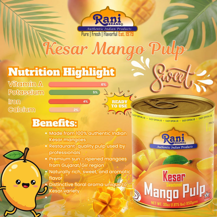 Rani Mango Pulp Puree (Makes Mango Lassi Shakes) Kesar Sweetened 30oz (1.875lbs) 850g ~ Kosher | All Natural | NON-GMO | Vegan | No colors | Gluten Friendly | Indian Origin