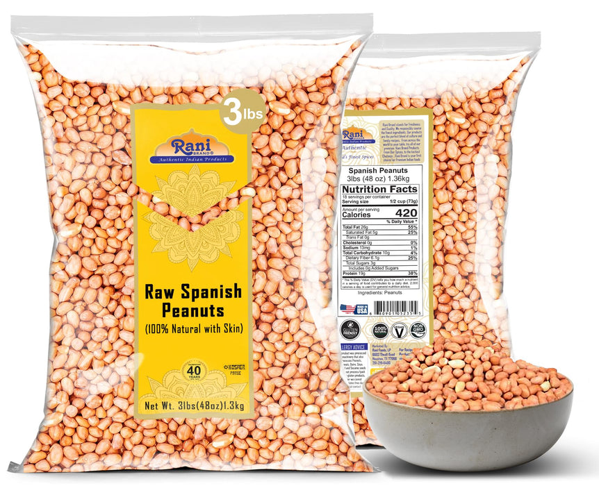 Rani Raw Spanish Peanuts 100% Natural with Skin (uncooked, unsalted) 48oz (3lbs) 1.36kg Bulk ~ Vegan | Gluten Friendly | Fresh Product of USA | Kosher | Red-brown Skin