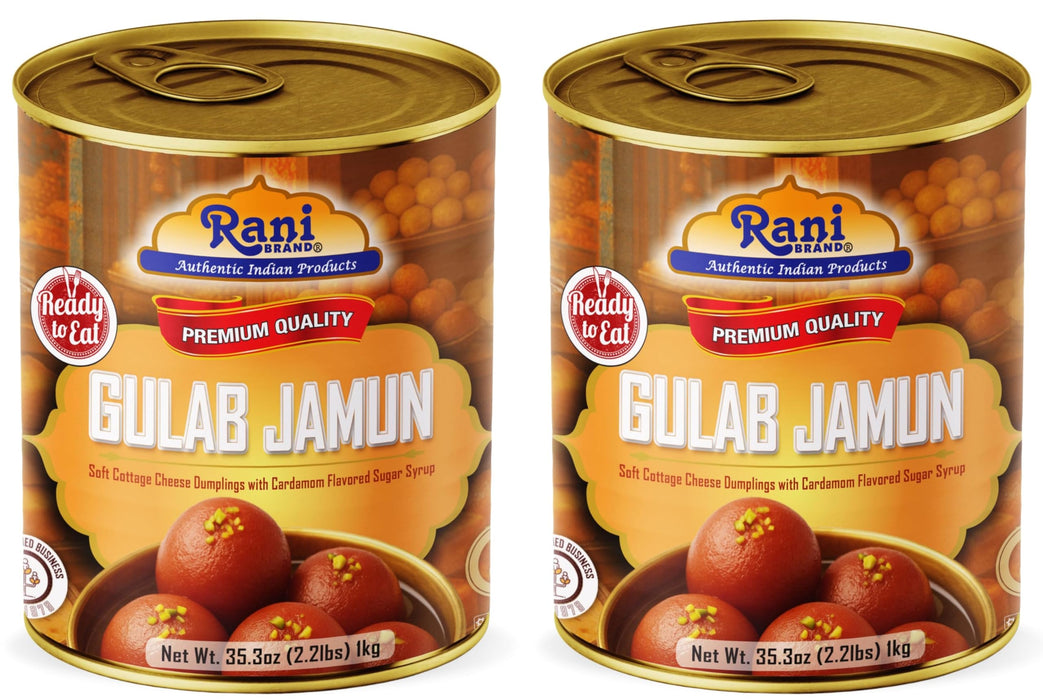 Rani Gulab Jamun Round (w/ Cardamom Flavored Sugar Syrup) 35.3oz (2.2lbs) 1kg, Pack of 2, Approximately 14 pieces, Easy Open Lid ~ Ready to eat | Vegan | Non-GMO | Kosher | Indian Origin
