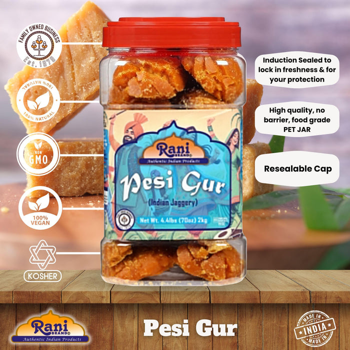 Rani Pesi Gur (Jaggery) Indian Unrefined Raw Cane Sugar 70oz (4.4lbs) 2kg PET Jar ~ Gluten Friendly | Vegan | NON-GMO | Kosher | No Salt or fillers | Indian Product