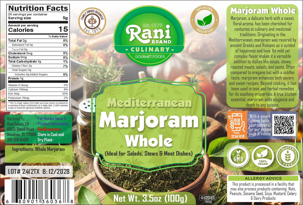 Rani Marjoram Whole (Ideal for Salads, Stews & Meat Dishes) 3.5oz (100g) PET Jar ~ All Natural | Gluten Friendly | NON-GMO | Kosher | Vegan | Indian Origin