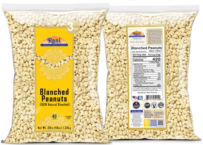 Rani Peanuts Skinless (Blanched, Uncooked) 48oz (3lbs) 1.36kg Bulk ~ All Natural | Vegan | Gluten Friendly | Kosher | Fresh Product of USA ~ Spanish Grade Groundnuts