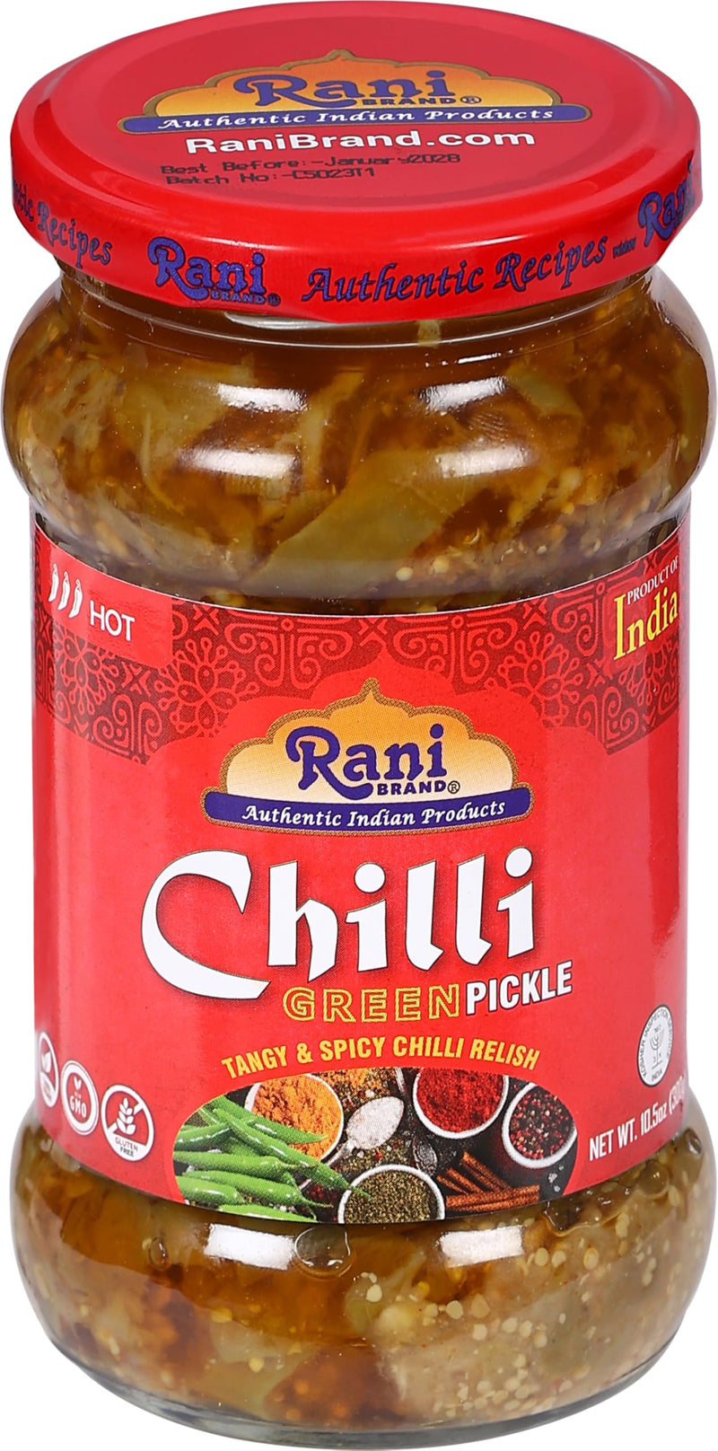 Rani Green Chilli Pickle Hot (Achar, Spicy Indian Relish) 10.5oz (300g)  ~ Glass Jar, Natural | Vegan | Gluten Free | NON-GMO | Kosher | No Colors