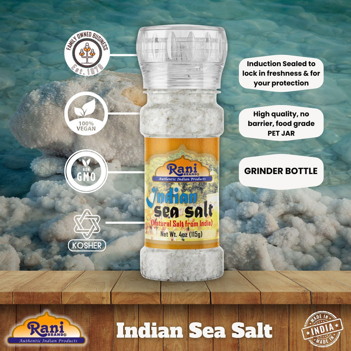 Rani Indian Sea Salt 4oz (115g) Grinder Bottle ~ Unrefined, Pure and Natural | Vegan | Gluten Friendly | NON-GMO | Kosher | Indian Origin