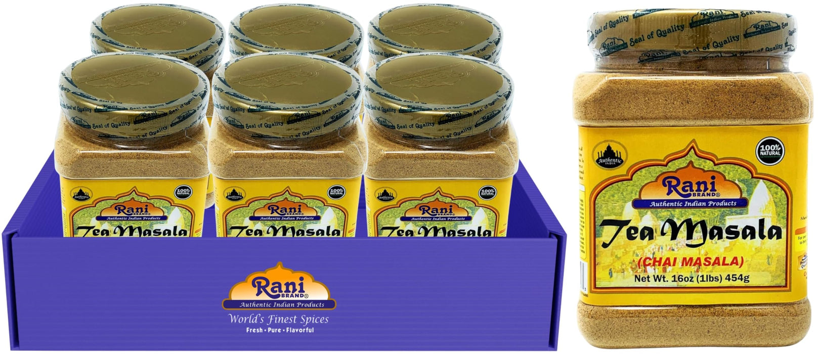 Rani Tea (Chai) Masala Indian Spice Blend 16oz (1lb) 454g Bulk PET Jar, Pack of 6 ~ All Natural | Vegan | Gluten Friendly | Salt & Sugar Free | NON-GMO | No Colors | Indian Origin