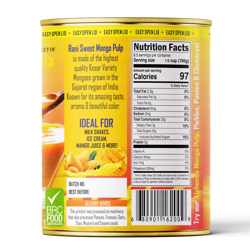 Rani Mango Pulp Puree (Makes Mango Lassi Shakes) Kesar Sweetened 30oz (1.875lbs) 850g Pack of 18 ~ Kosher | All Natural | NON-GMO | Vegan | No colors | Gluten Friendly | Indian Origin