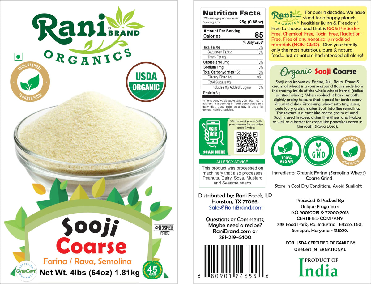 Rani Organic Sooji Coarse (Farina, Suji, Rava, Rawa, Wheat Semolina) F ...