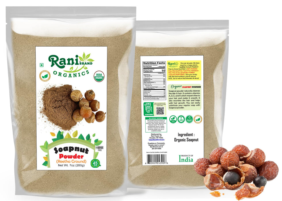 Rani Organic Soapnut Powder (Reetha Ground) 7oz (200g) ~ for Hair & Skin Care | As Laundry Deterget or Household Cleaner | All Natural | Kosher | Indian Origin | USDA Organic Certified