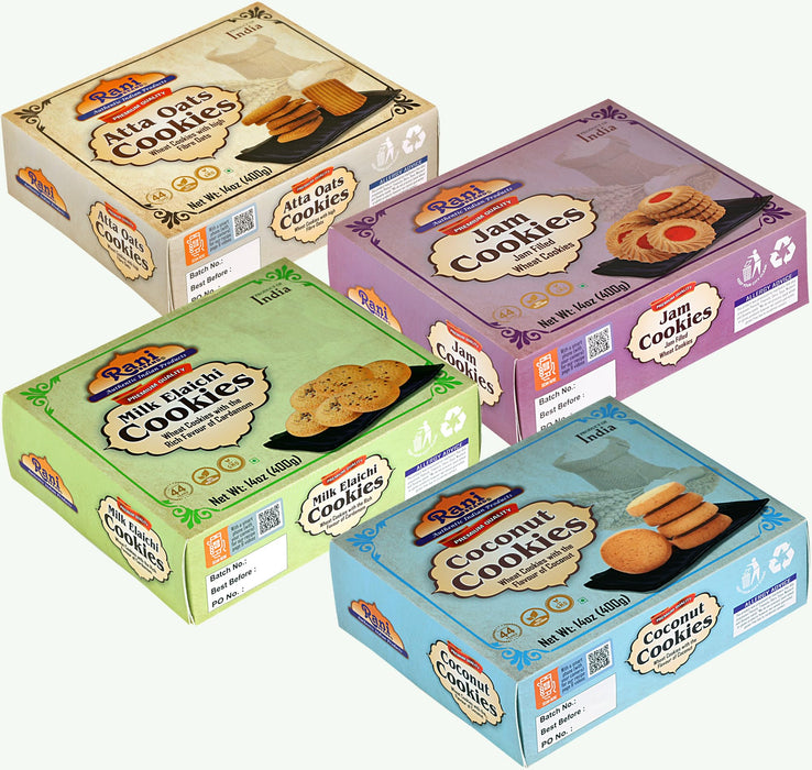 Rani Cookies Variety Pack of 4 (Atta Oats, Jam, Milk Elaichi, Coconut) 14oz (400g) each, Premium Quality Indian Cookies ~ Vegan | Non-GMO | Indian Origin