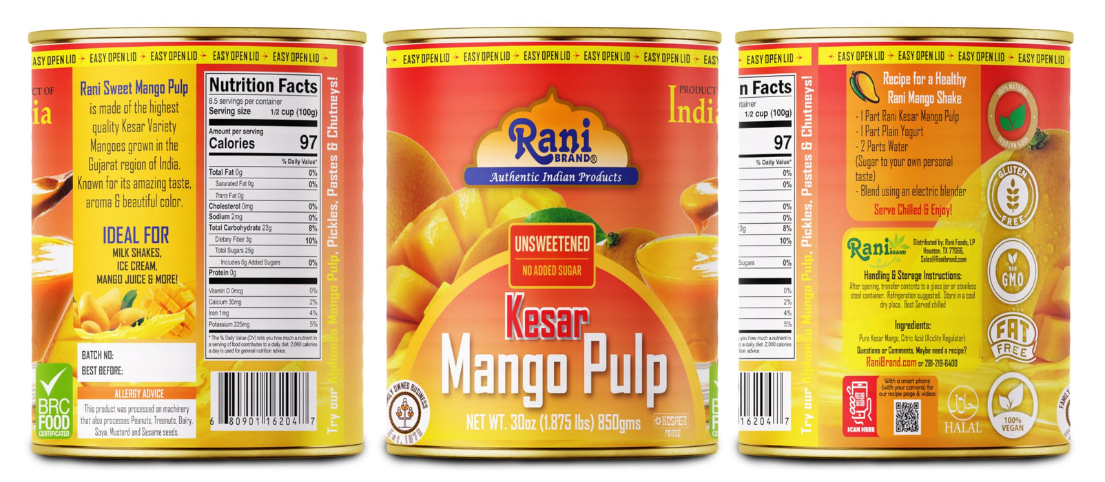 Rani Mango Pulp Puree (Makes Mango Lassi Shakes) Kesar Unsweetened 30oz (1.875lbs) 850g Pack of 2 ~ Kosher | All Natural | NON-GMO | Vegan | No colors | Gluten Friendly | Indian Origin