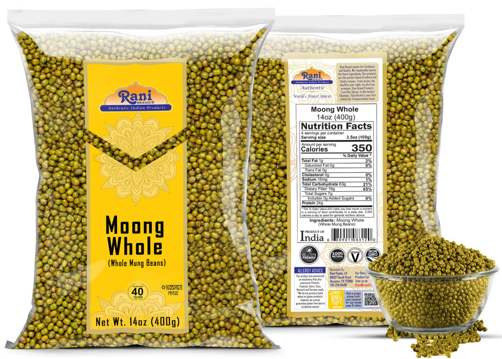 Rani Moong Whole (Ideal for cooking & sprouting, Whole Mung Beans with skin) Lentils Indian 14oz (400g) ~ All Natural | Gluten Friendly | Non-GMO | Kosher | Vegan | Indian Origin