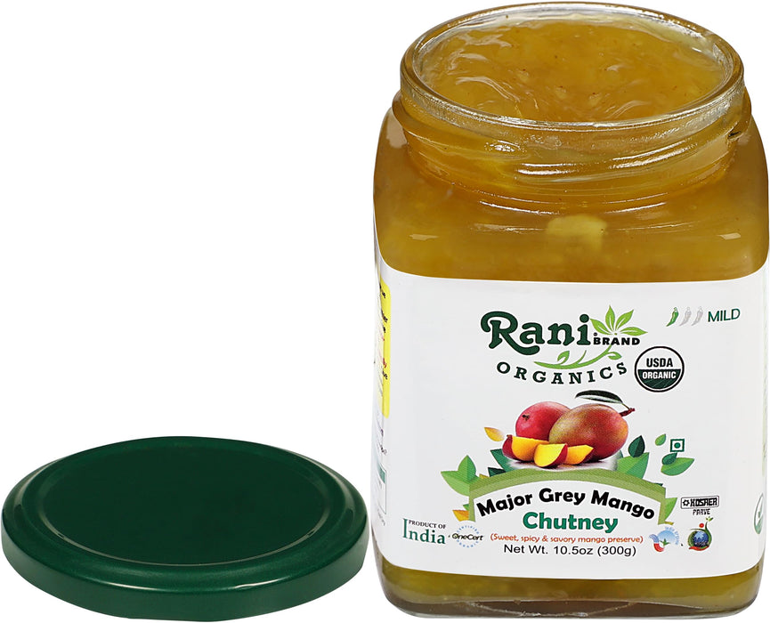 Rani Organic Major Grey Mango Chutney (Indian Preserve) 10.5oz (300g) Glass Jar, Ready to eat ~ All Natural | Vegan | Gluten Free | No Colors | NON-GMO | Kosher | Indian Origin | USDA Certified Organic
