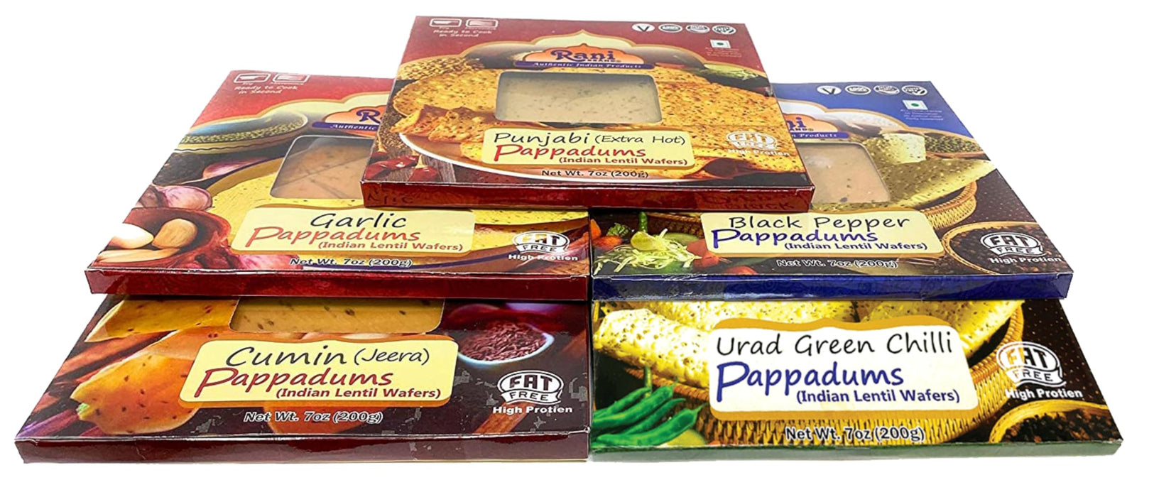 Rani Pappadums (Indian Lentil Wafer Snack) 5-Variety Papad Pack (Green Chilli, Garlic, Cumin, Extra Hot, Black Pepper) 7oz (200g) Approximately 15pc, 7 inches ~ All Natural | Gluten Friendly | NON-GMO