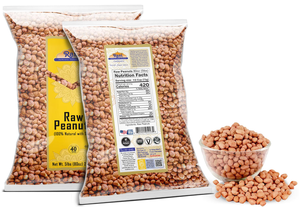 Rani Peanuts, Raw Whole With Skin (uncooked, unsalted) 80oz (5lbs) 2.27kg Bulk, Pack of 6 ~ All Natural | Vegan | Gluten Friendly | Fresh Product of USA ~ Spanish Grade Groundnut/Red-skin