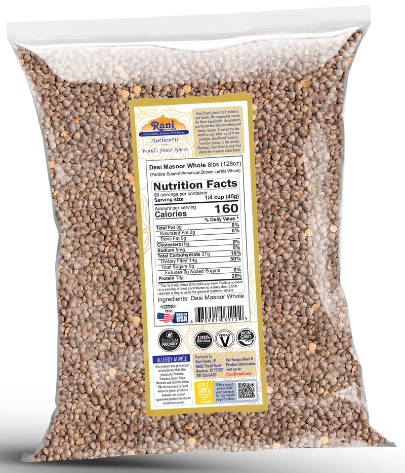 Rani Desi Masoor (Masur) Whole 128oz (8lbs) 3.63kg (aka. Pardina Spanish / American Brown Lentils Whole) Bulk ~ All Natural | Vegan | Kosher | Gluten Friendly | Product of USA