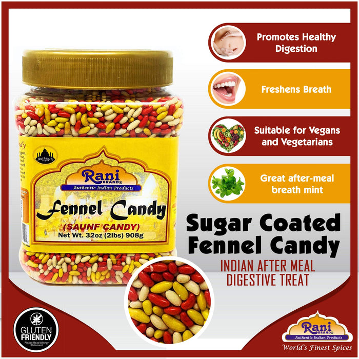 Rani Sugar Coated Fennel Candy 2lbs (32oz) 908g Bulk, PET Jar ~ Indian After Meal Digestive Treat | Vegan | Gluten Friendly | NON-GMO | Kosher | Indian Origin