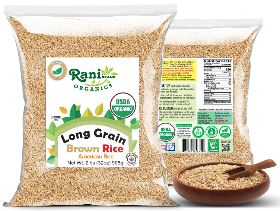 Rani Organic Long Grain Brown Rice 32oz (2lbs) 908g ~ All Natural | Gluten Friendly | Vegan | Non-GMO | Kosher | Product of USA | USDA Certified Organic