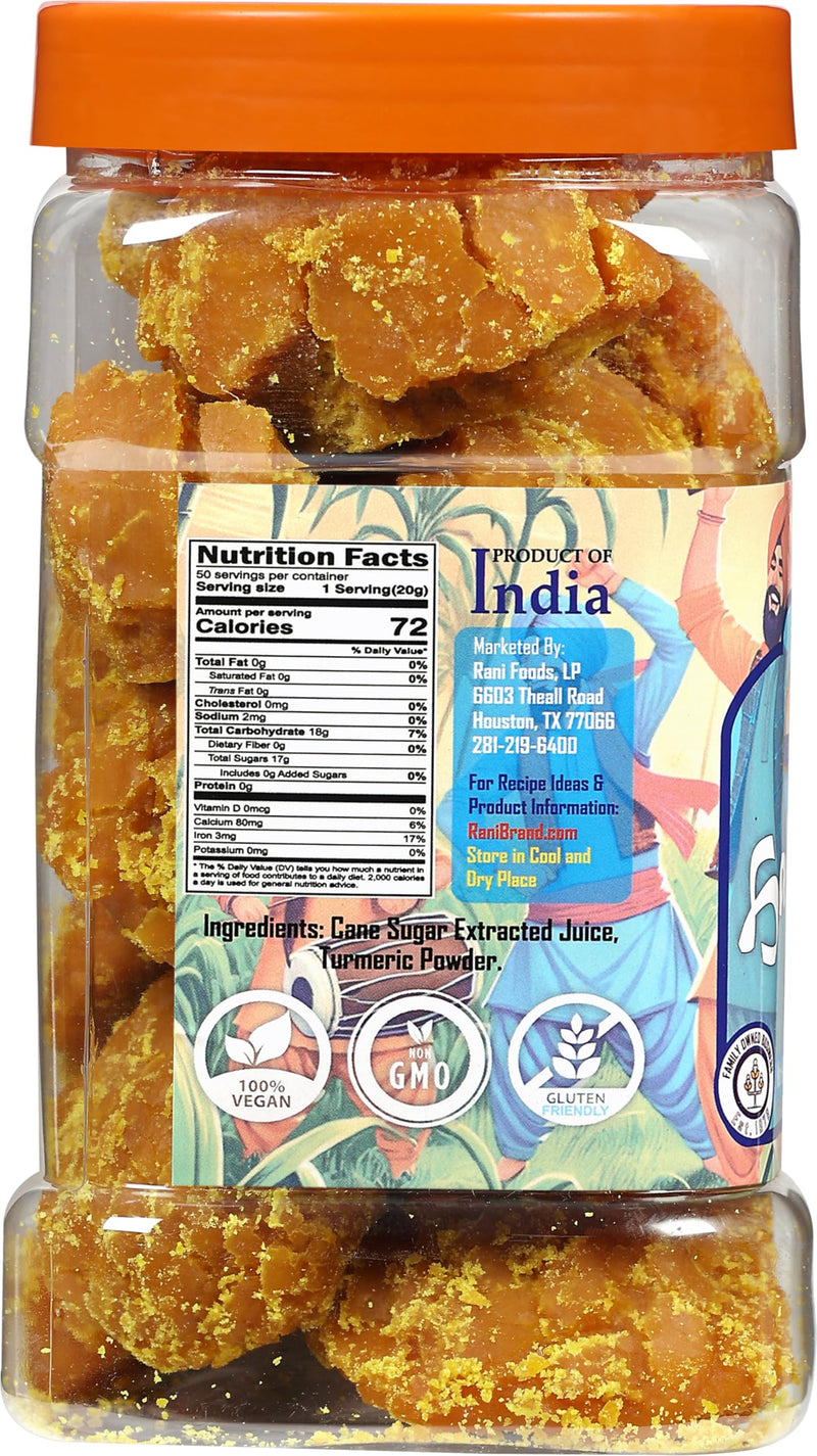 Rani Haldi Gur (Turmeric with Indian Jaggery) Indian Unrefined Raw Cane Sugar 35oz (2.2lbs) 1kg PET Jar ~ Gluten Friendly | Vegan | NON-GMO | Kosher | No Salt or fillers | Indian Product